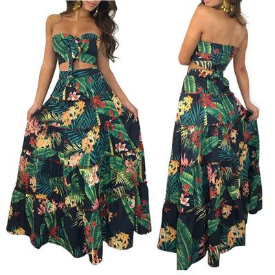 China New Fashion Viable Floral Print Top Two Women Skirt Prepared Blow Strapless Skirt Set Women For Beach Dress for sale