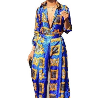 China Viable Spring Autumn New Plus Size Jumpsuits Playsuits Turn Down Collar Printed Wide Leg Jumpsuit for sale