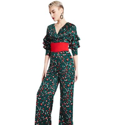 China 2021 New QUICK DRY Green Leopard Print Half Leg Overalls Women Straight Leg Jumpsuit for sale