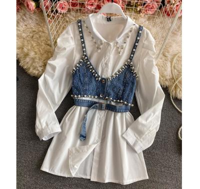 China 2022 New Spring Denim Pearl Set Two Piece Top Beaded Vest Fashion Blouse Camisole Women's Long Sleeve Shirts for sale