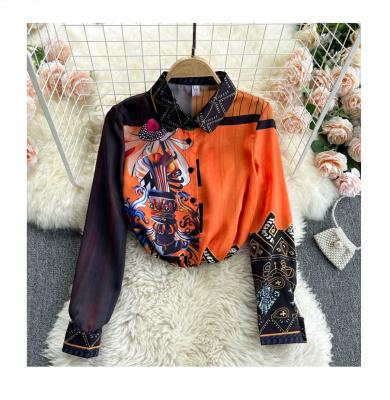 China 2021 New Arrivals Women's QUICK DRY Clothing Long Sleeve Print Contrast Color Cardigan Ladies Tops for sale