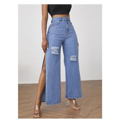 China Wholesale Fashion Breathable Ripped Loose Slit Women Wide Leg Lones Jeans Pants Denim Para Mujer for sale