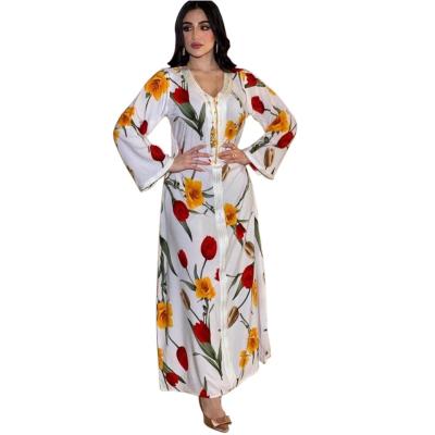 China Comfortable Feel 2021 Muslim Abaya Dubai Muslim Islamic Clothing Women's Floral Print Turkish Muslim Robe Long Dress for sale