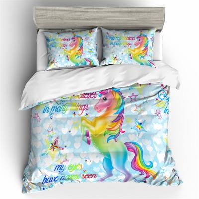 China Good Quality Nondisposable 3D Printing 100% Polyester Home Textile Unicorn Bedding Sheet Bed Set for sale