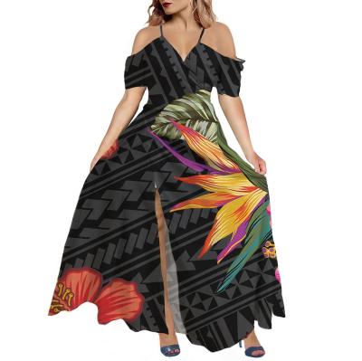 China Breathable Polynesian With Tropical Flowers Clothes Women Dresses Lady Summer Short Sleeve Split Belted Beach Long Casual Maxi Dress for sale