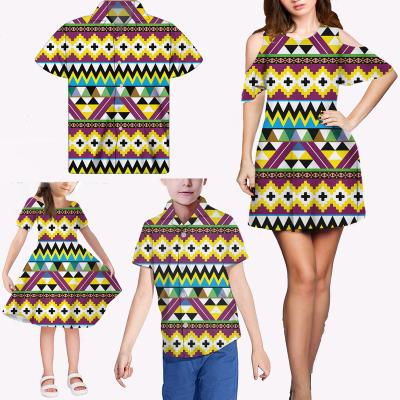 China New Anti-Static Geometry African Stripe Matching Women's Dresses Colorful Print Family Fashion Beach Shirt Men Girls T-shirt Dresses for sale