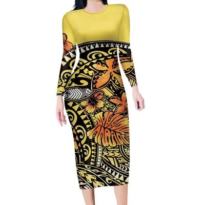 China Custom Women's Polynesian Samoa Nightclub Print Neck Dressing Gowns Anti-Static Women Autumn Knee Length Midi Dress For Women Sexy Dresses for sale