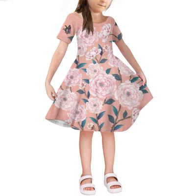 China Washable Short Sleeve Pink Korean Floral Dress Summer Kids Clothes Dress Casual Little Girl Dress Kids Fashion Clothes for sale