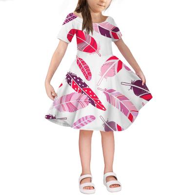 China 2022 Washable Pink White Baby Summer Dress Fashionable Feather Pattern Print Dress Kids Summer Clothes Knee Length Bohemian Dress Casual for sale