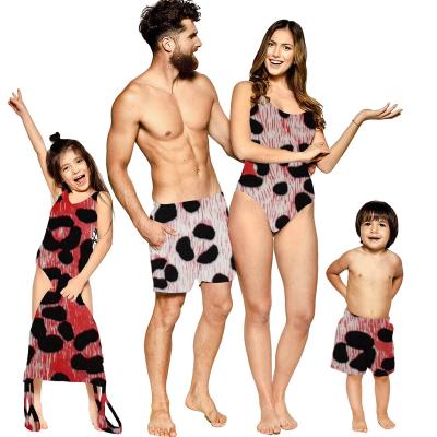 China Breathable Short Pants For Men Boy Red Leopard Pattern Family Swimwear Bikini Woman Girl Custom Matching Print And Logo Plus Size Swimwear for sale