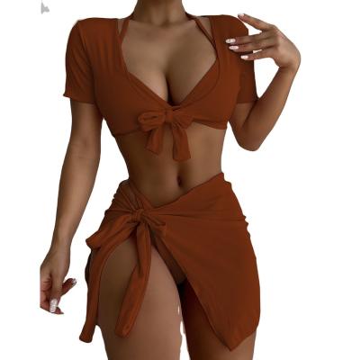 China European and American women's swimsuit high-grade breathable four-piece swimsuit solid color sexy high-grade bikini female swimwear for sale