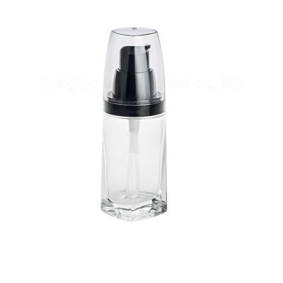 China 30ml luxury single square pump recyclable material white clear glass bottle for basic skin care lotion packaging for sale