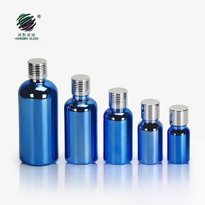 China Personal Care Essential Oil 10ml 30ml 1oz 50ml 100ml Blue Electroplating Glass Bottle With Euro Silver Aluminum Dropper Screw Cap for sale