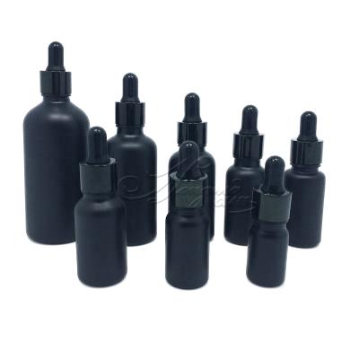 China Recyclable Empty Material 5ml 10ml 15ml 20ml 30ml 50ml 100ml Matte Black Colored Frosted Glass Bottles With Euro Dropper For Essential Oil Packaging for sale