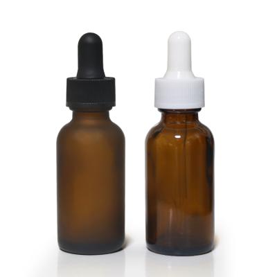 China Amber 30ml 30ml 1oz Boston Round Dropper Essential Oil Recyclable Clear Frosted Glass Bottle With White Black Dropper for sale