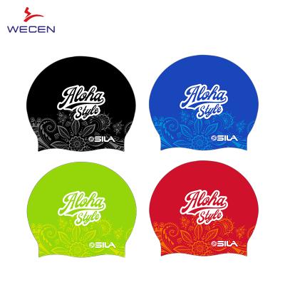 China Customized wholesale silicone factory logo swim cap transfer thermal water sports silicone swim cap adult hat for sale