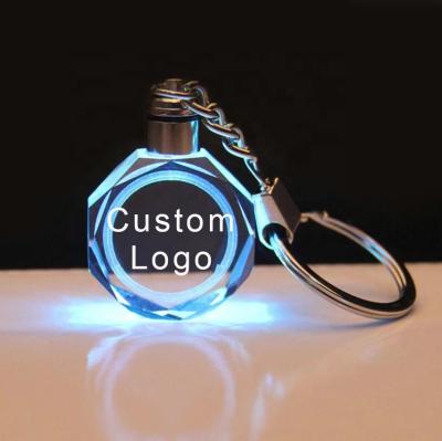 China ECO-frendly MH-Y008 customized 3d laser logo LED light octangle key chain souvenir crystal key chain for sale