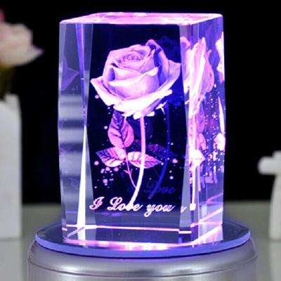 China China Christmas Gift Rose 3D Laser Engraved Crystal Block Glass Led Engraving Cube With Base for sale