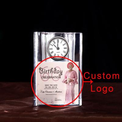 China Europe MH-B029 Customized Logo Crystal Pen Holder With Clock For Desktop Crystal Ornaments for sale