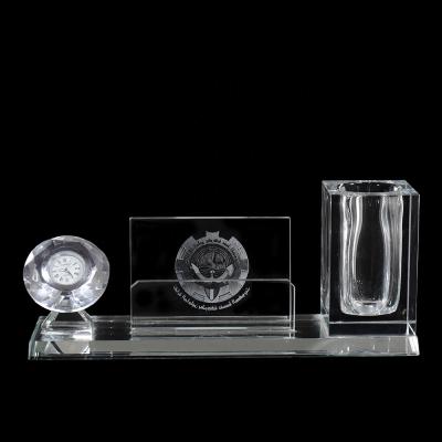 China China MH-B001 Crystal Pen Holder Office Supplies with Clock and Card Holder for Business Gift for sale