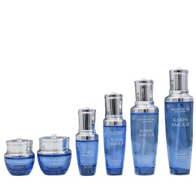 China Personal Care 50ml Jar Cosmetic Packaging Blue Translucent Silk Blue Silver Color Cap Single Jar Pump Bottle for sale