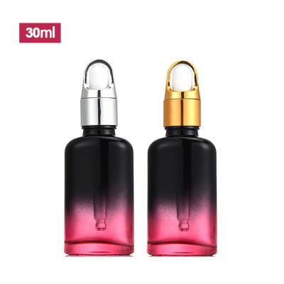 China Skin Care 30ml Dropper Bottle 1 Ounce Personal Care Gradient Clear Empty Serum Dropper Bottle Glass Dropper Bottle (Golden/Silver) for sale