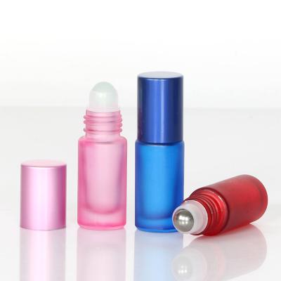 China 5ml Cosmetic Frosted Glass Roll On Bottles Red Blue Pink Refillable Perfume Vials Roll On Bottle With Stainless Steel Rollerballs for sale