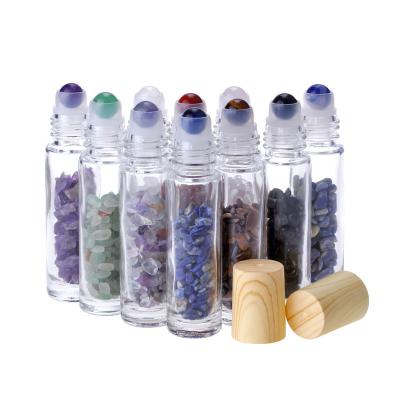 China 10ml Cosmetic Glass Roll On Bottle Perfume Sample Vials Essential Oil Bottles With Gemstone Rollerballs And Quartz Chips Inside for sale