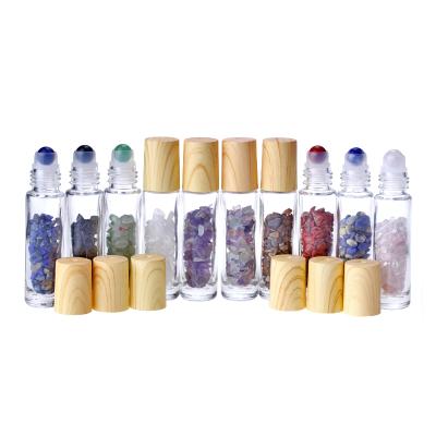 China Perfume 10ml Cosmetic Glass Roller Bottles Travel Sample Vial Essential Oil Roll On Bottles With Gemstone Rollerballs Wood Grain Cover for sale