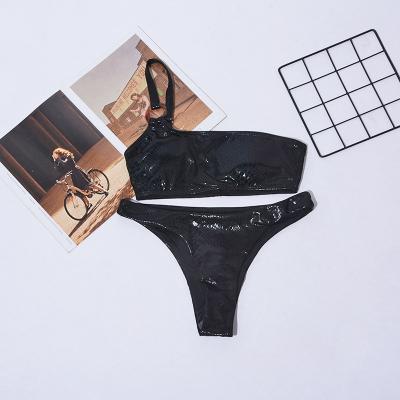 China Plus size body fashion off shoulder design artificial leather simple luxury popular sexy black two-piece thong bikini set for sale