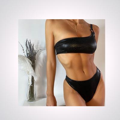 China Best Plus Size Selling Artificial Leather Popular Sexy Black Color Women Swimwear Female Two-Piece Bikini Set for sale