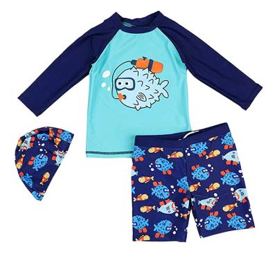 China Other Baby Kids Boys Two Piece Sun Protection Fish Short Rash Guard Shark Animal Sleeve Swimsuit Set With Hats for sale