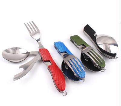 China Viable Multifunctional 4 in 1 Stainless Steel Folding Fork Bottle Opener Knife New Picnic Outdoor Camping Tableware for sale