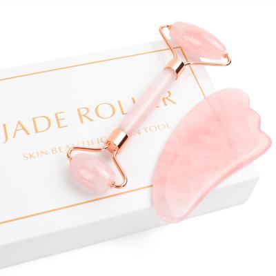 China Anti Aging Rose Quartz Scraper Lift Slimming Rose Green Anti Aging Wrinkle Massage Facial Jade Roller Gua Sha Massager Tool Body Face Set for sale