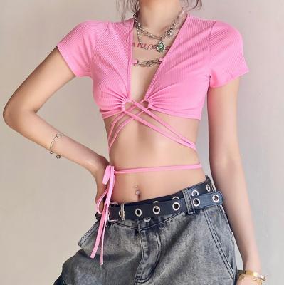 China 2021 Summer New Arrival Fashion Women's Viable European Style Wear V Collar Tailored Lace Up Bandage Sexy Short Blouses for sale