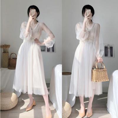 China 2021 Super Fairy Soft Department TRANSLUCENT Temperament Long Dress Women's White Cool Gauze Skirt for sale