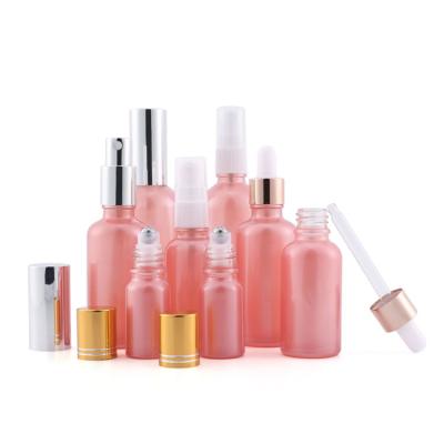 China Wholesale Personal Skin Care Packaging 10 20 30 50 100ml 1 Round 2 3oz Essential Oil Spray Bottle Empty Pink Frosted Glass Spray Pump Bottle With Cap for sale