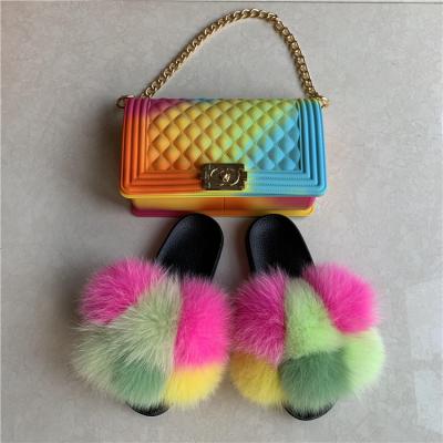 China Anti-Smell Woman Shoes Slippers Matte Colorful Jelly Bags Shoe Flip Flops Fluffy Slippers Fox Fur Slides Sets for sale