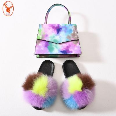 China Best Selling Set Color Slide Fox Fur Slippers Anti-odor Ladies Messenger Bag Slippers Real And Women Slippers for sale