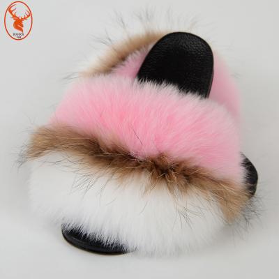 China 2021 HOT NEW fashion real fur Anti-slippery slides furry outdoor sandals women raccoon fox fur slippers wholesale for sale