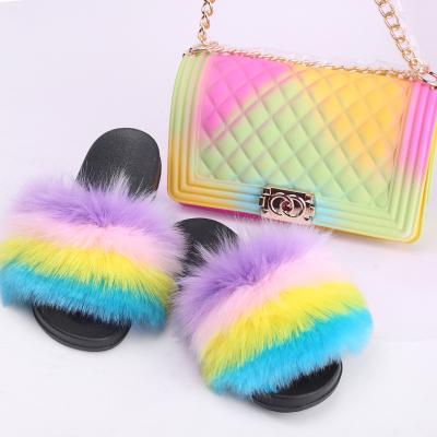 China Fashion Trend Green Purse With Matching CC Fur Slides Set for sale