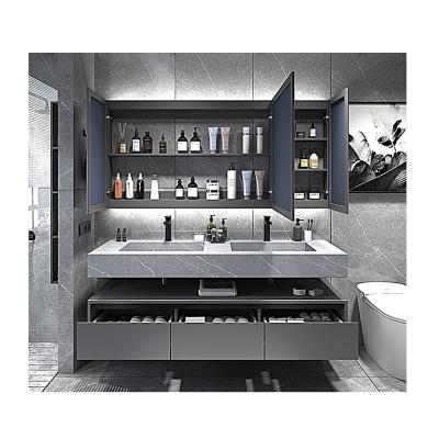 China Modern Modern Luxury Wall Mount Floating Bathroom Cabinet Vanity With Led Mirror for sale