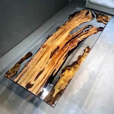 China Customization epoxy resin river dining room table restaurant hotel use solid wood clear epoxy resin table top for sale