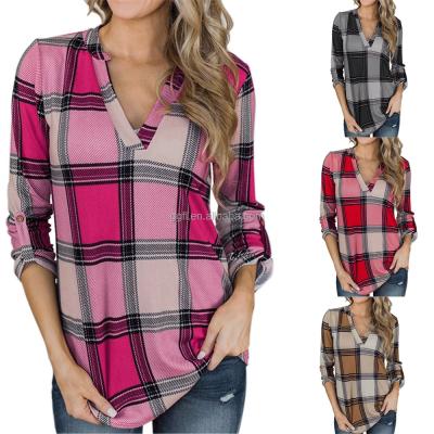 China Anti-wrinkle spring plaid print V-neck long sleeve top t-shirt and autumn shirt for sale