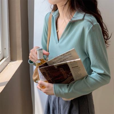 China Anti-pilling V-neck Early Autumn Slim Long Sleeve Women's Blouses And Shirts for sale