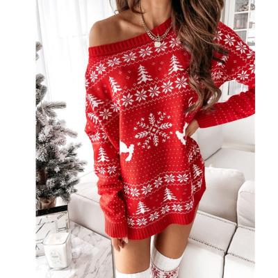 China Boyfriend Style Christmas Oversized Jacquard Loose Knit Long Sleeves Plus Size Sweater Dresses for sale