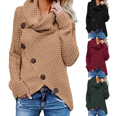 China Anti-pilling Irregular Women's Long Sleeve Knit Sweater Buttoned Wrap Turtle Neck Women Sweater for sale