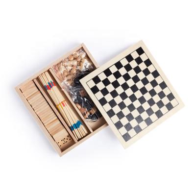 China Popular Educational Plastic 4 in 1 Wooden Game Set Mikado, Dominoes, Chess and Drafts Game for Kids for sale