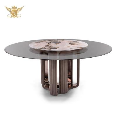 China Foshan luxury light glass stainless steel dining table and chairs for sale for sale