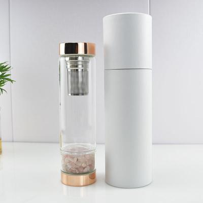 China MYT Sustainable Pink Rose Quartz Crystal Water Bottle With Bamboo Lid for sale